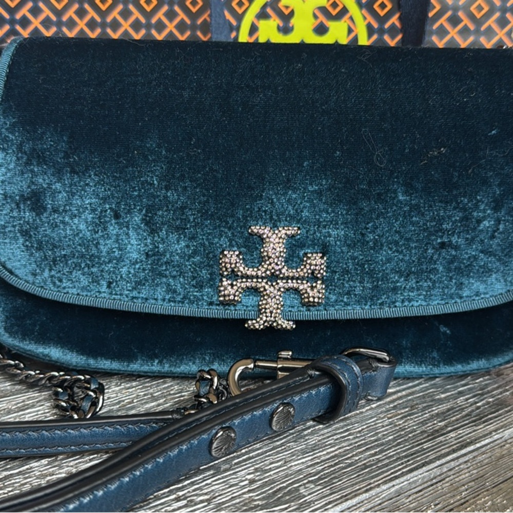 Tory Burch Blue Velvet Crossbody Bag with Metallic Logo -NWT